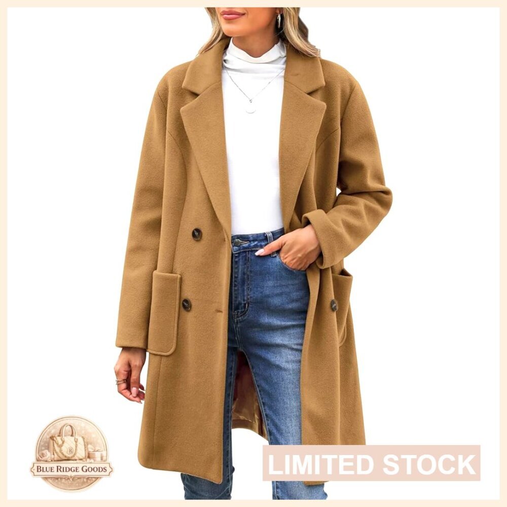 Wool Blend Trench Coat Classic Double Breasted Notch Lapel Mid Long Fall Winter